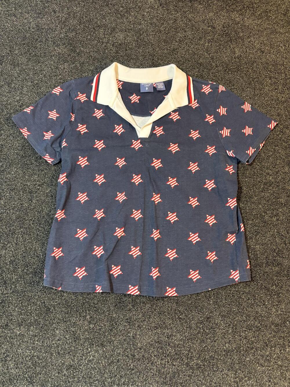 Mountain Lake Polo Shirt Womens L Blue Patriotic Star Print Short Sleeve Cotton